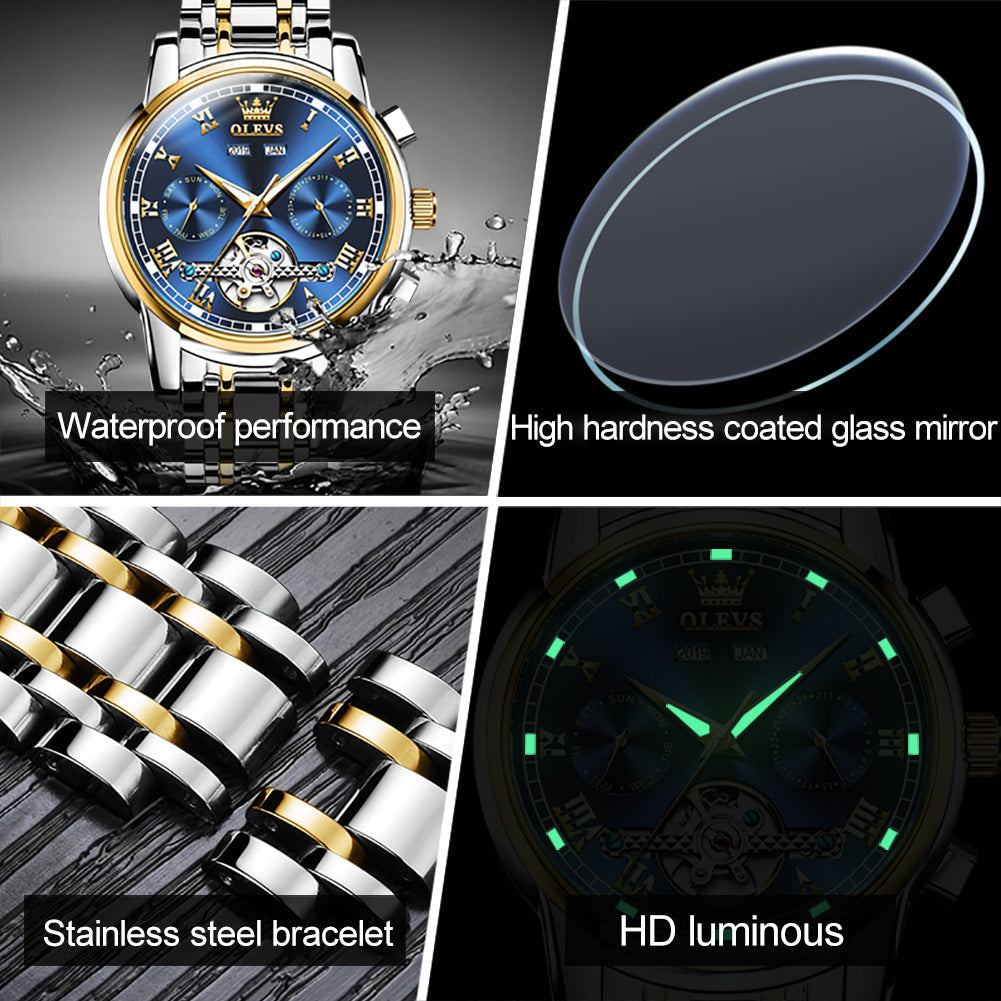 OLVES Automatic Mechanical Business Watch with Calendar. Stainless Steel. and Waterproof Design